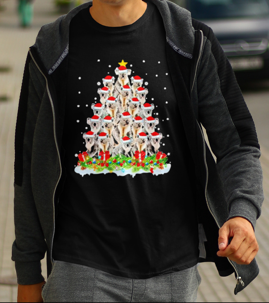 Koala Christmas Tree With Santa Hats Snowflakes And Gifts T-Shirt