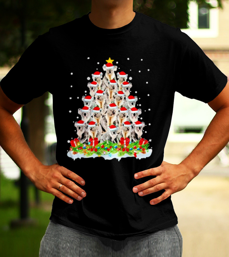 Koala Christmas Tree With Santa Hats Snowflakes And Gifts T-Shirt