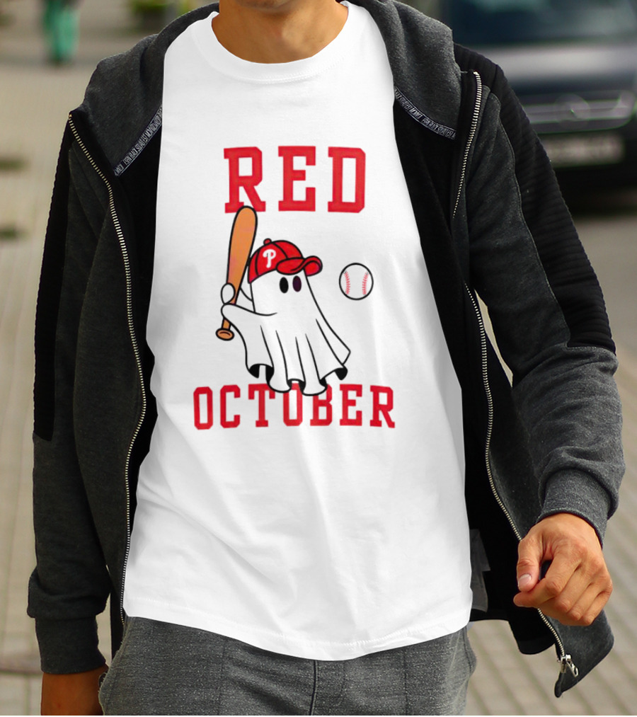 Phillies Red October Ghost Baseball Player In Cap And Bat T-Shirt