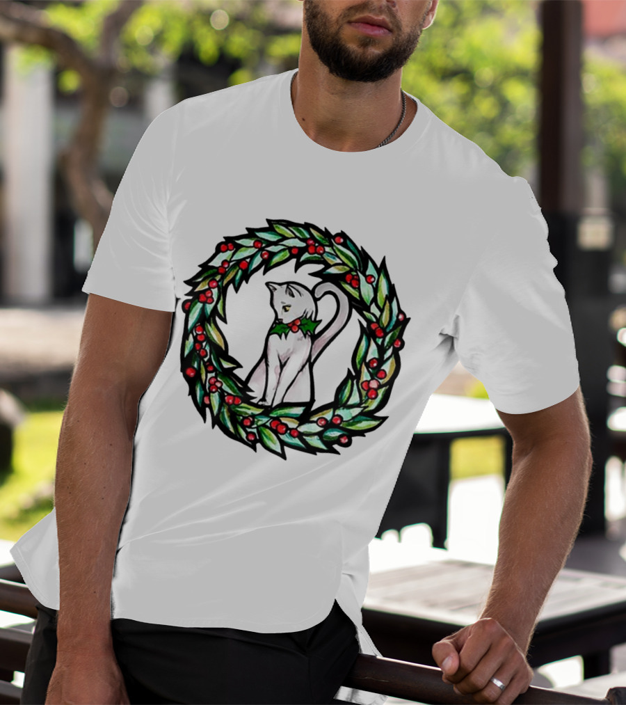 White Cat In Christmas Wreath With Holly And Berries T-Shirt