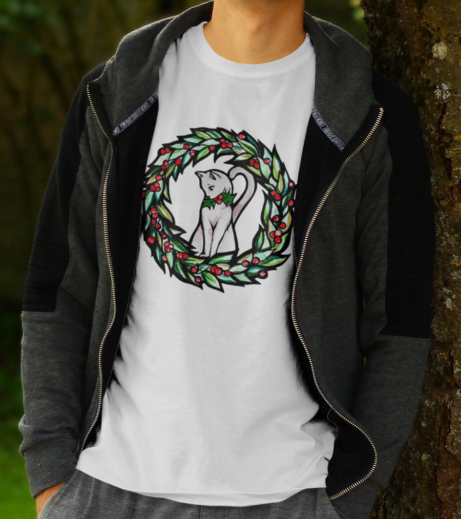 White Cat In Christmas Wreath With Holly And Berries T-Shirt