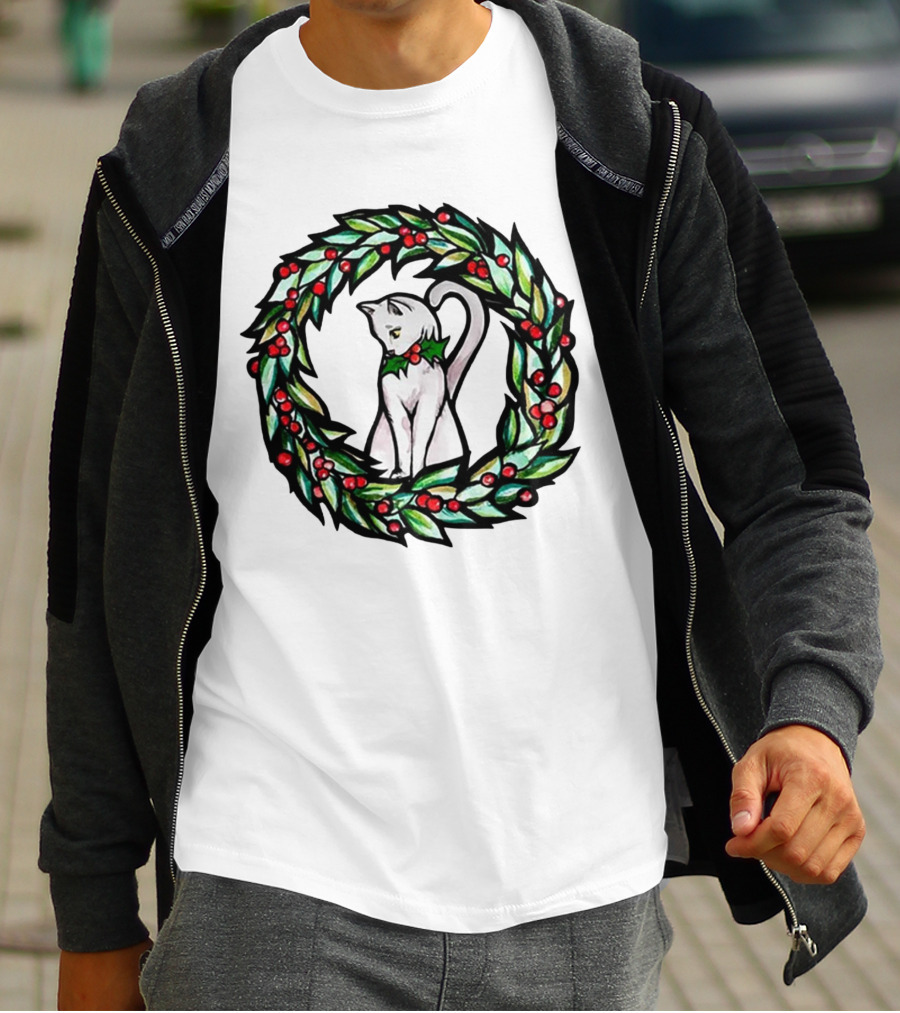 White Cat In Christmas Wreath With Holly And Berries T-Shirt