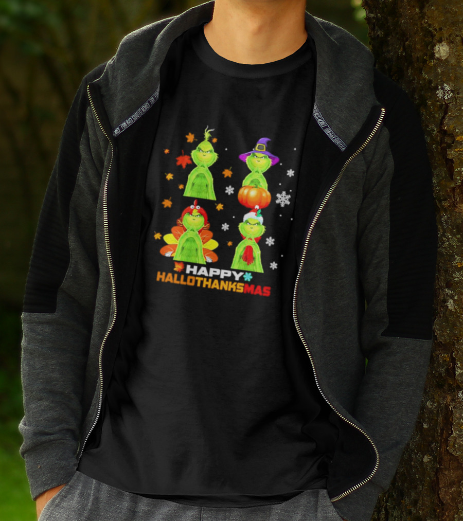 Happy Hallothanksmas Grinch Halloween Thanksgiving Christmas T-Shirt