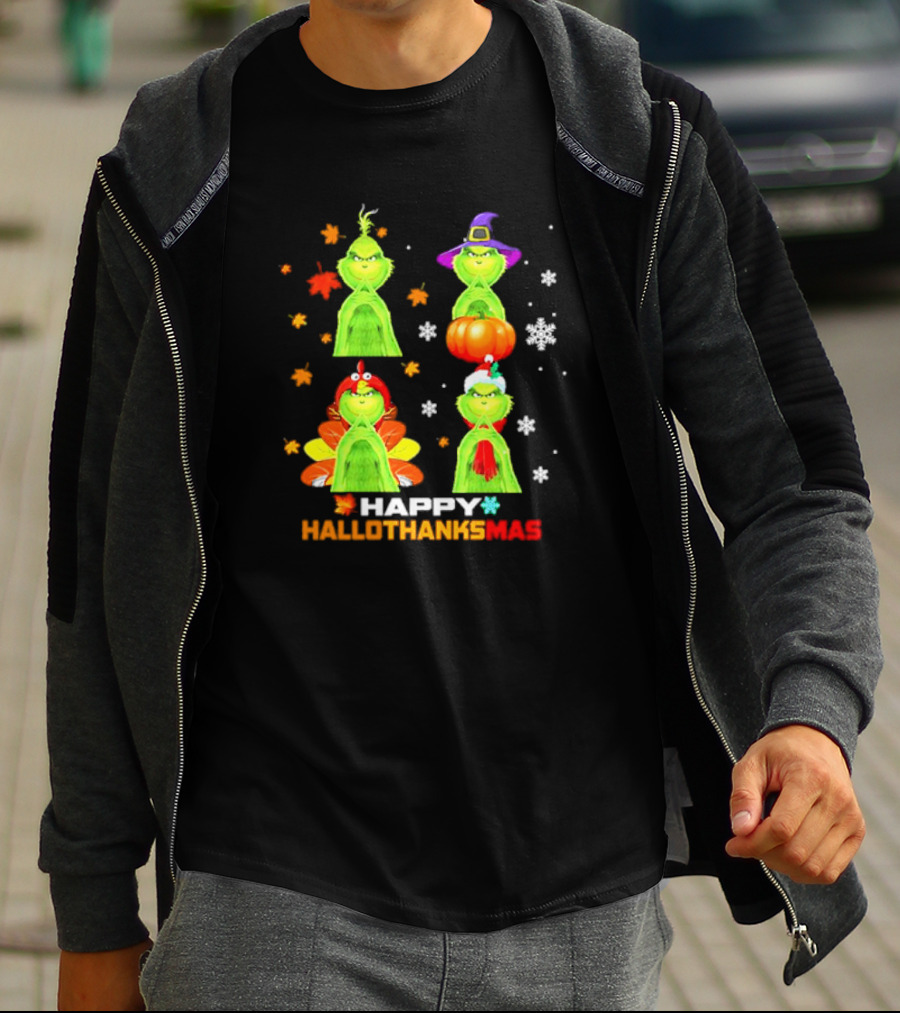 Happy Hallothanksmas Grinch Halloween Thanksgiving Christmas T-Shirt
