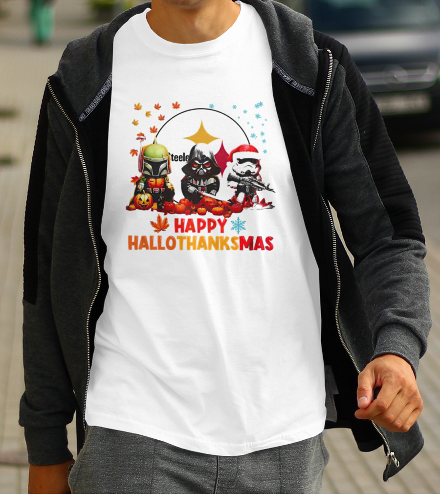 Star Wars Chibi Steelers Happy Hallothanksmas Pumpkins Leaves Snowflakes T-Shirt