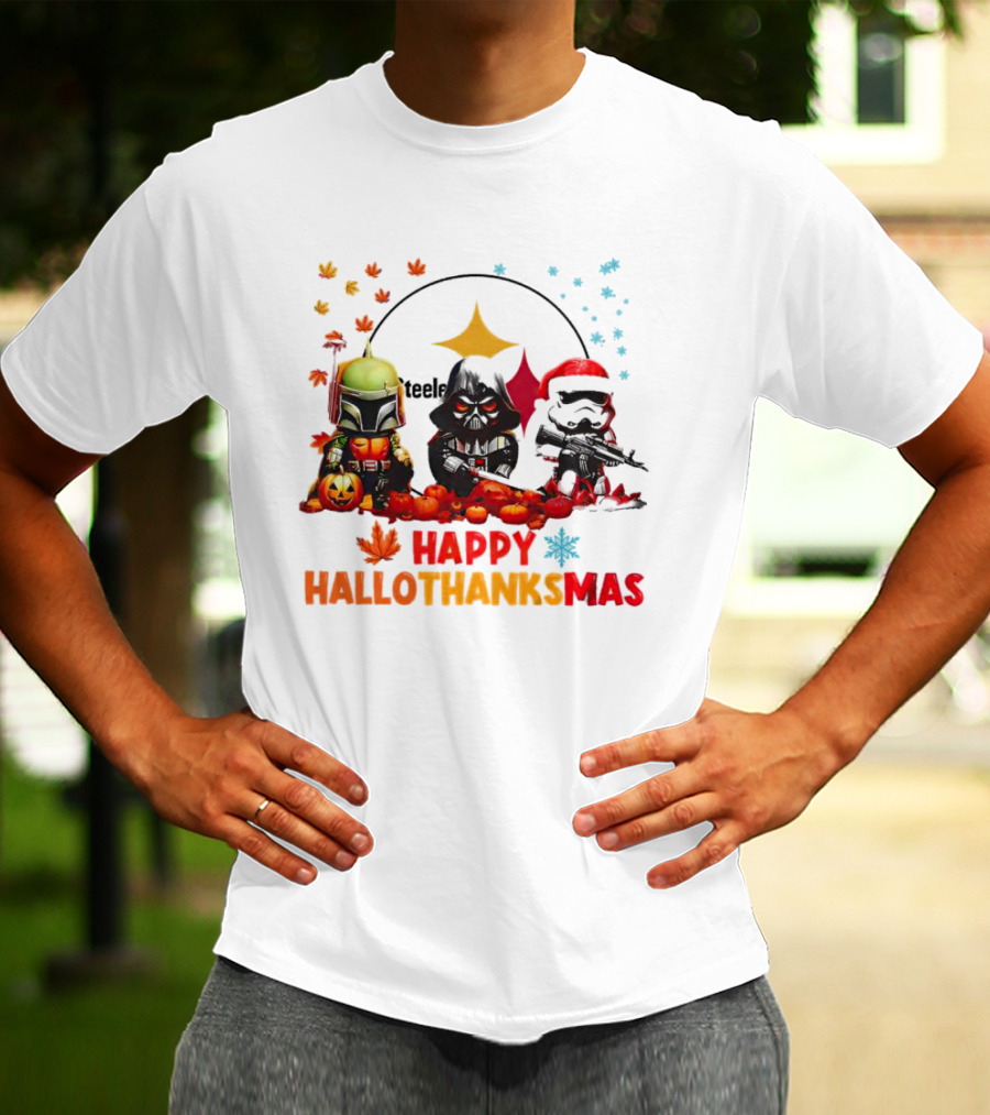 Star Wars Chibi Steelers Happy Hallothanksmas Pumpkins Leaves Snowflakes T-Shirt