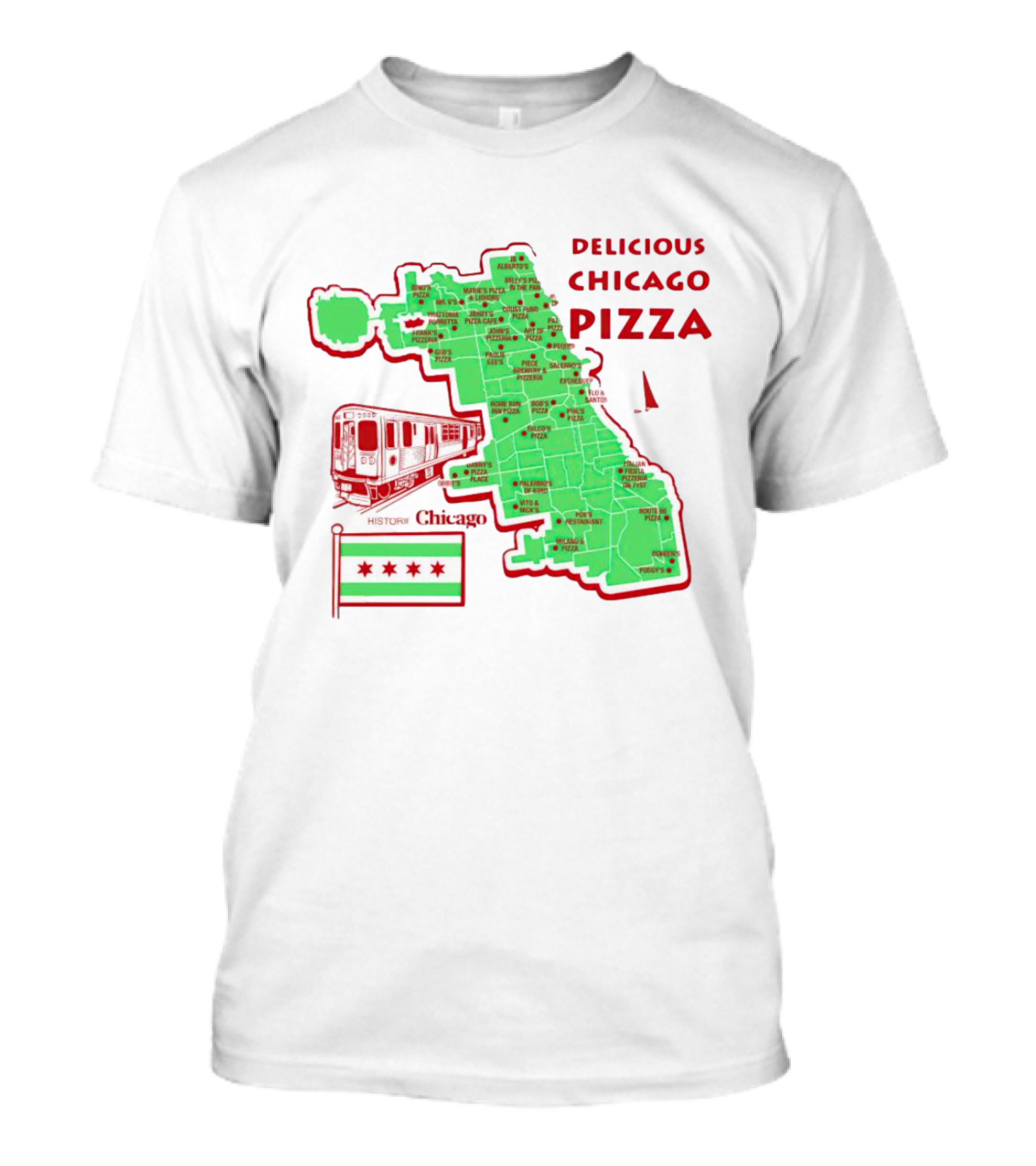 Chicago Map Train Flag Delicious Chicago Pizza T-Shirt