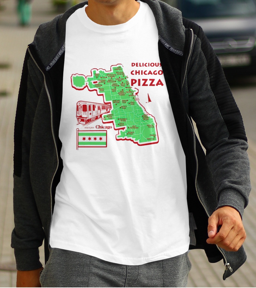 Chicago Map Train Flag Delicious Chicago Pizza T-Shirt