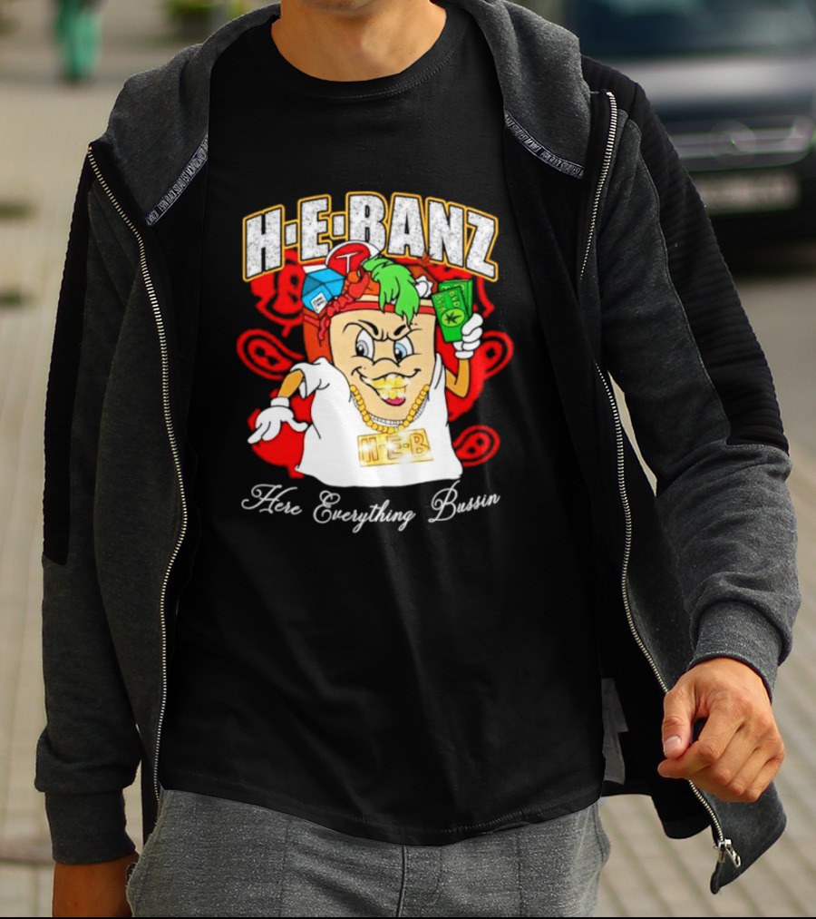 H-E-Banz Here Everything Bussin Cartoon Character With Chains And Accessories T-Shirt
