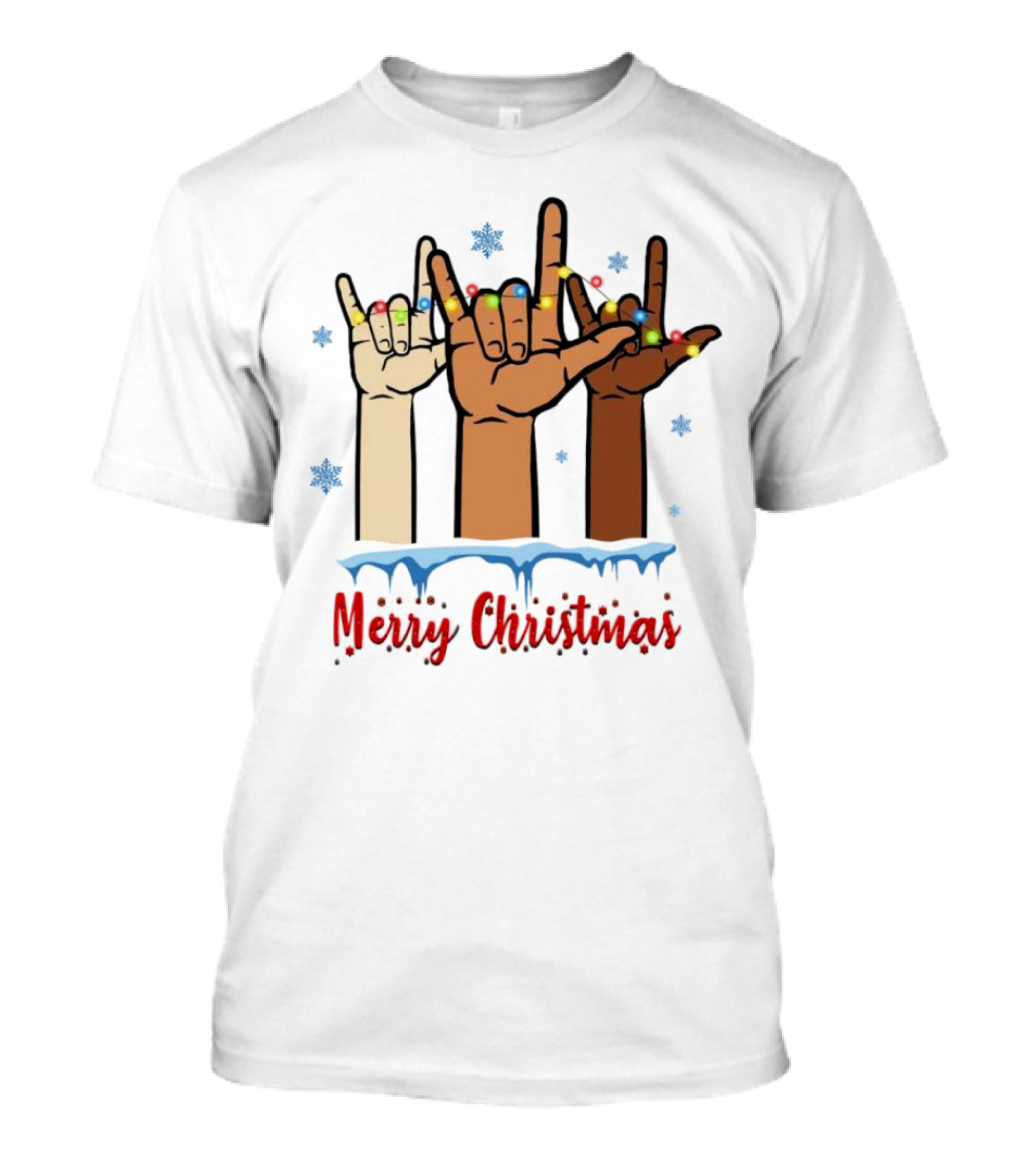 Merry Christmas Deaf Awareness Hand Sign Language With Snowflakes And Festive Lights T-Shirt