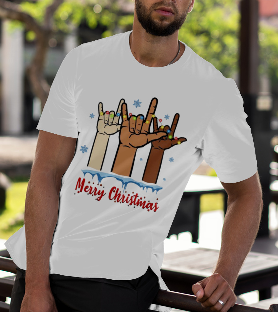 Merry Christmas Deaf Awareness Hand Sign Language With Snowflakes And Festive Lights T-Shirt
