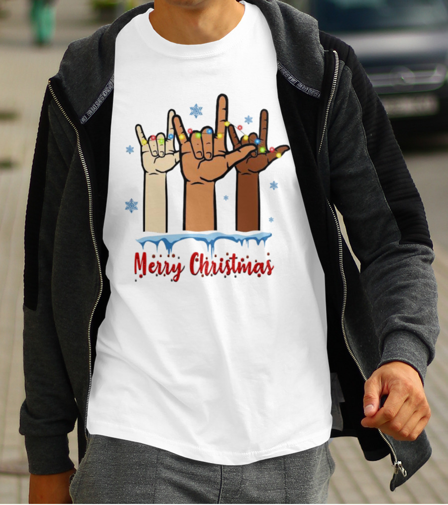 Merry Christmas Deaf Awareness Hand Sign Language With Snowflakes And Festive Lights T-Shirt