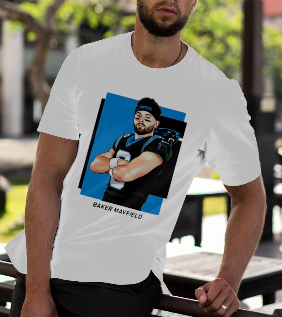 Carolina Panthers Baker Mayfield Artwork With Team Uniform T-Shirt