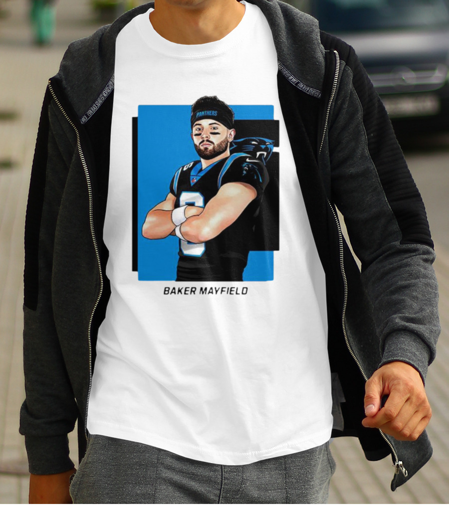 Carolina Panthers Baker Mayfield Artwork With Team Uniform T-Shirt