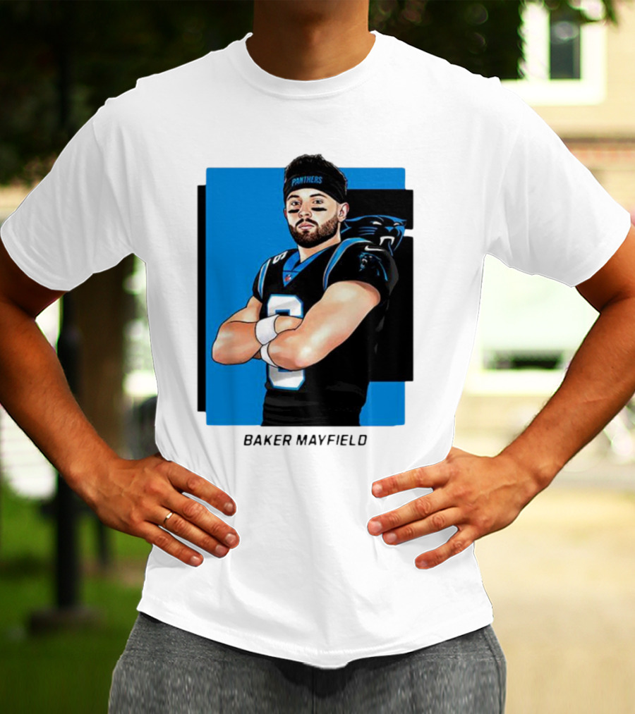 Carolina Panthers Baker Mayfield Artwork With Team Uniform T-Shirt