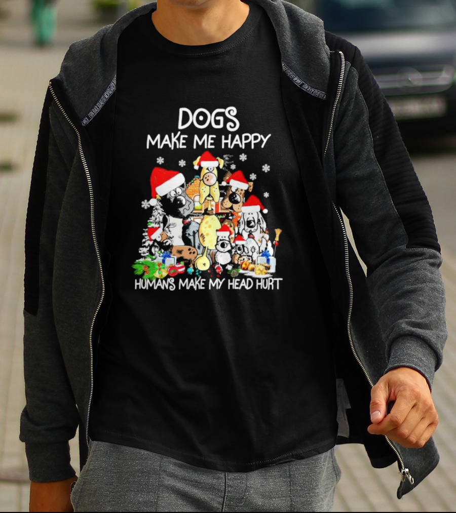 Dogs Make Me Happy Humans Make My Head Hurt Christmas Santa Hat Snowflakes T-Shirt