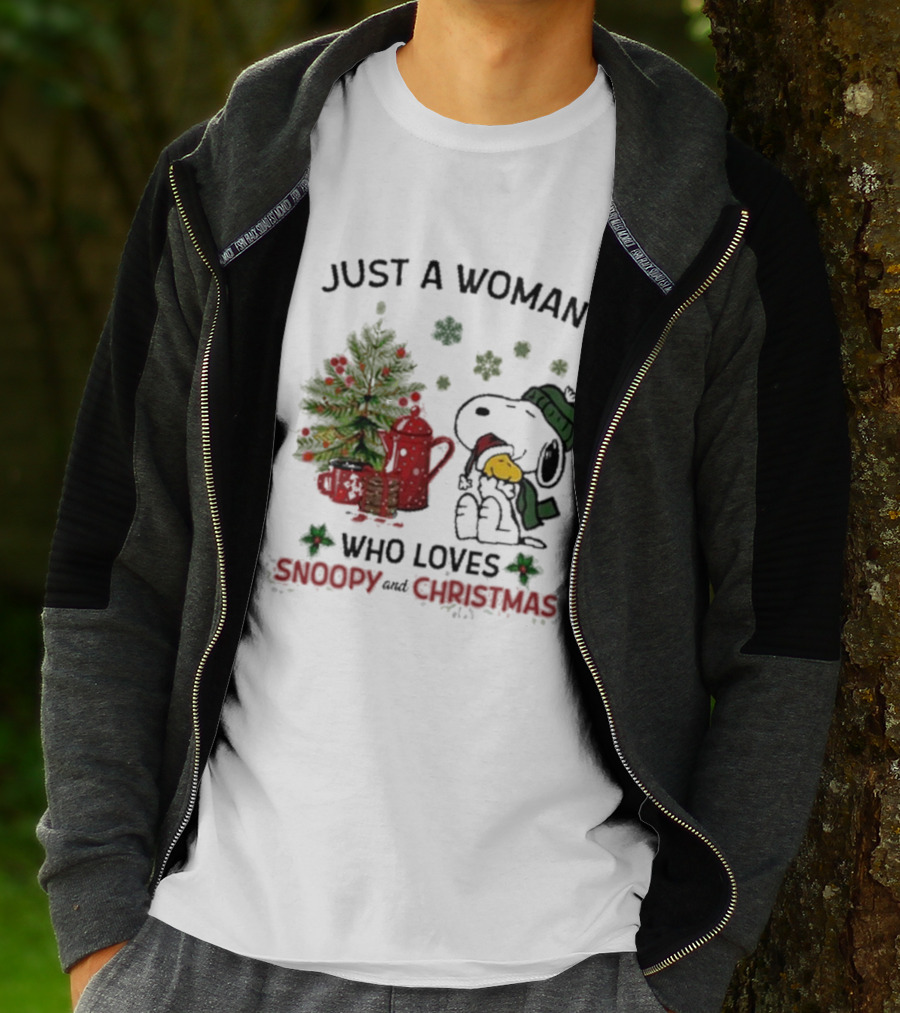 Just A Woman Who Loves Snoopy Hug Woodstock And Christmas T-Shirt