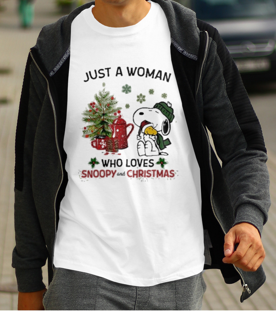 Just A Woman Who Loves Snoopy Hug Woodstock And Christmas T-Shirt