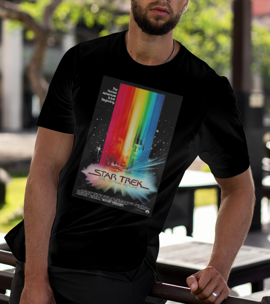 Star Trek The Motion Picture The Human Adventure Is Just Beginning Colorful Light Beams And Starry Background T-Shirt