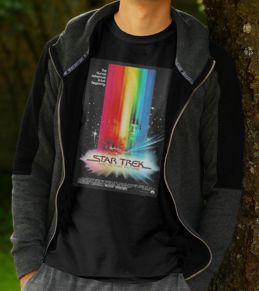 Star Trek The Motion Picture The Human Adventure Is Just Beginning Colorful Light Beams And Starry Background T-Shirt