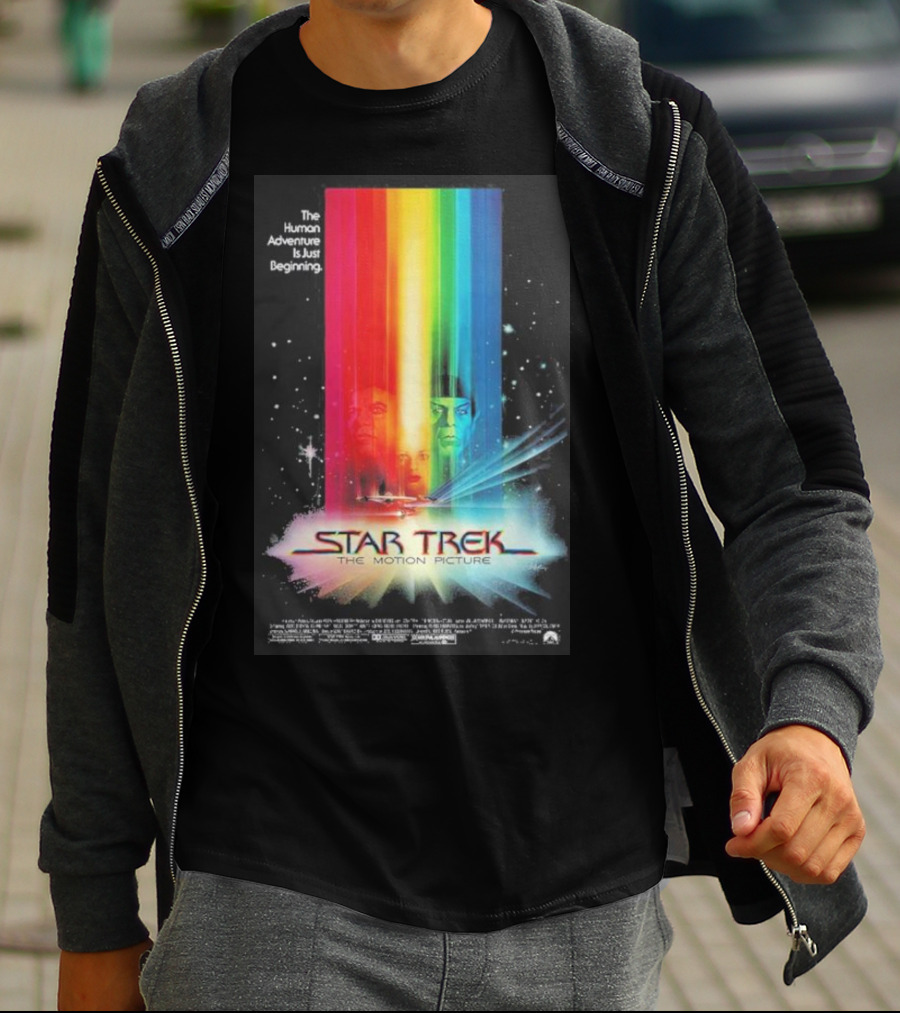 Star Trek The Motion Picture The Human Adventure Is Just Beginning Colorful Light Beams And Starry Background T-Shirt