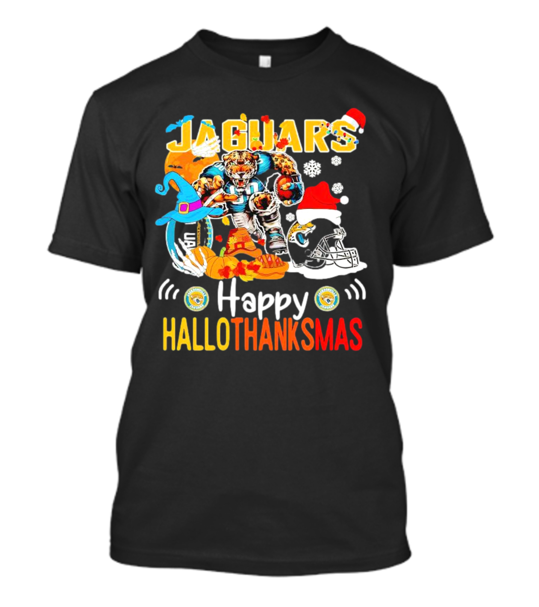 Jaguars Mascot Happy Hallothanksmas Football Halloween Thanksgiving Christmas T-Shirt