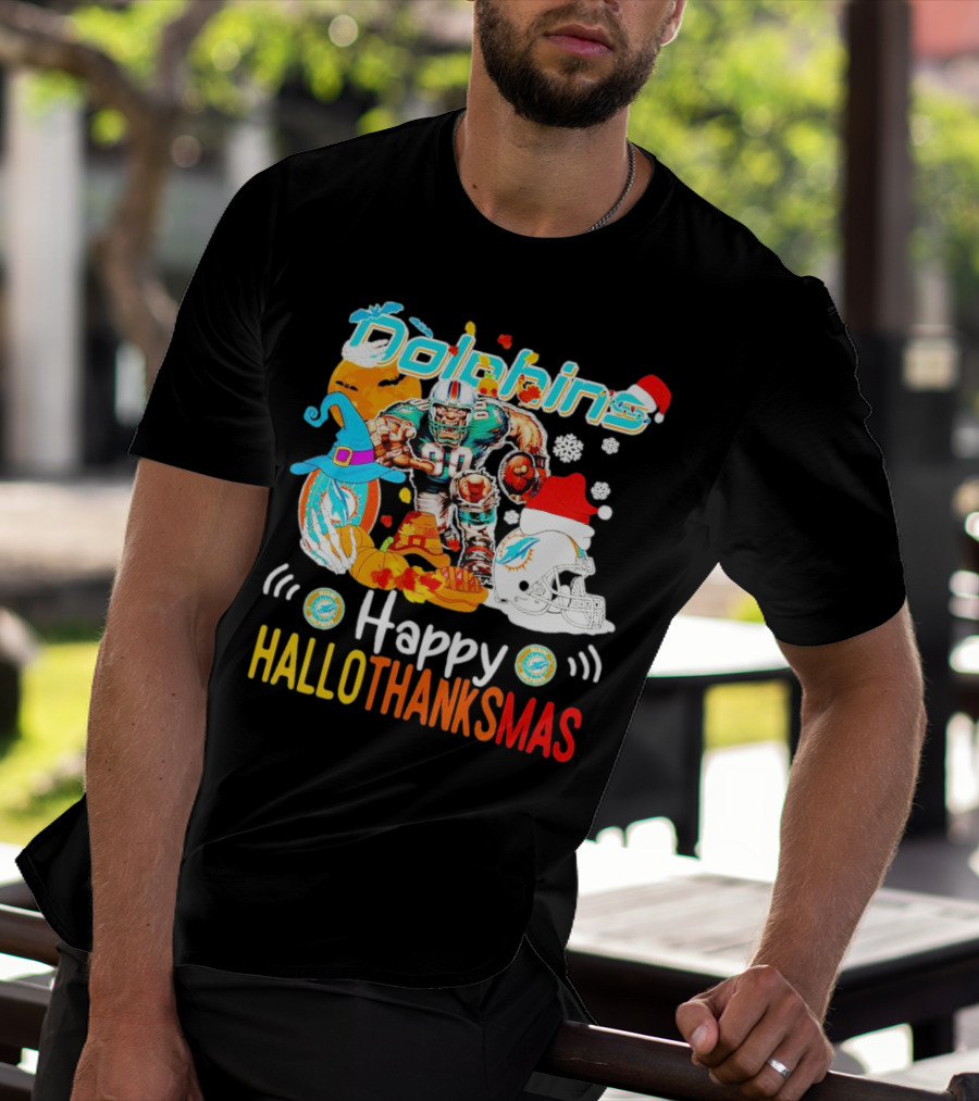 Miami Dolphins Mascot Happy Hallothanksmas Football Festive T-Shirt