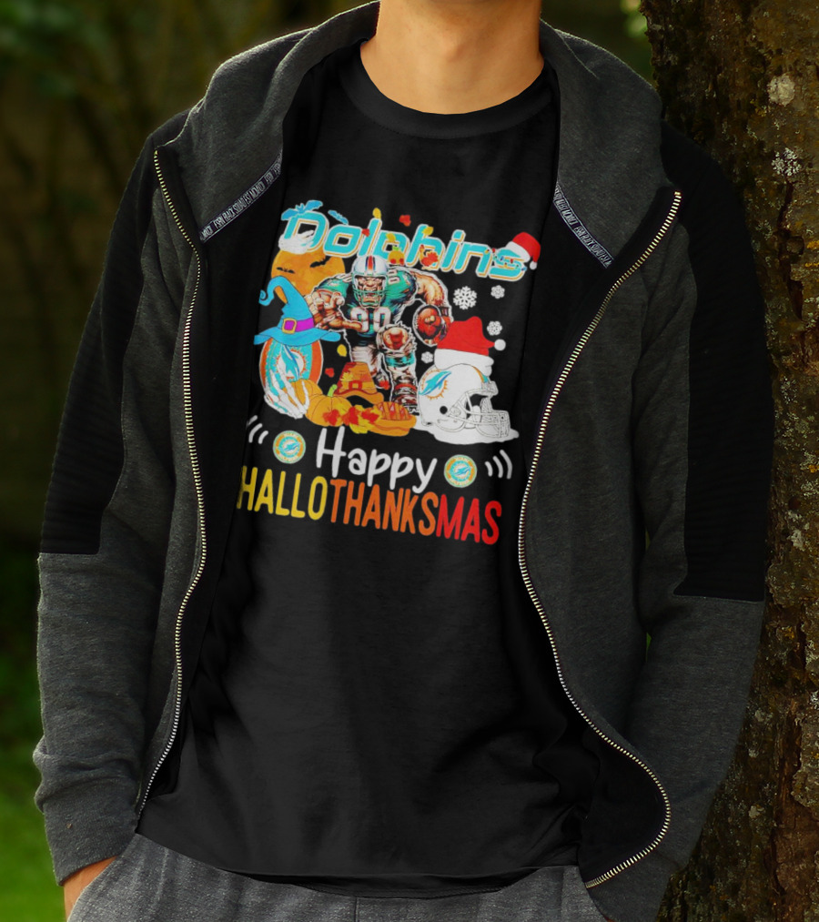 Miami Dolphins Mascot Happy Hallothanksmas Football Festive T-Shirt