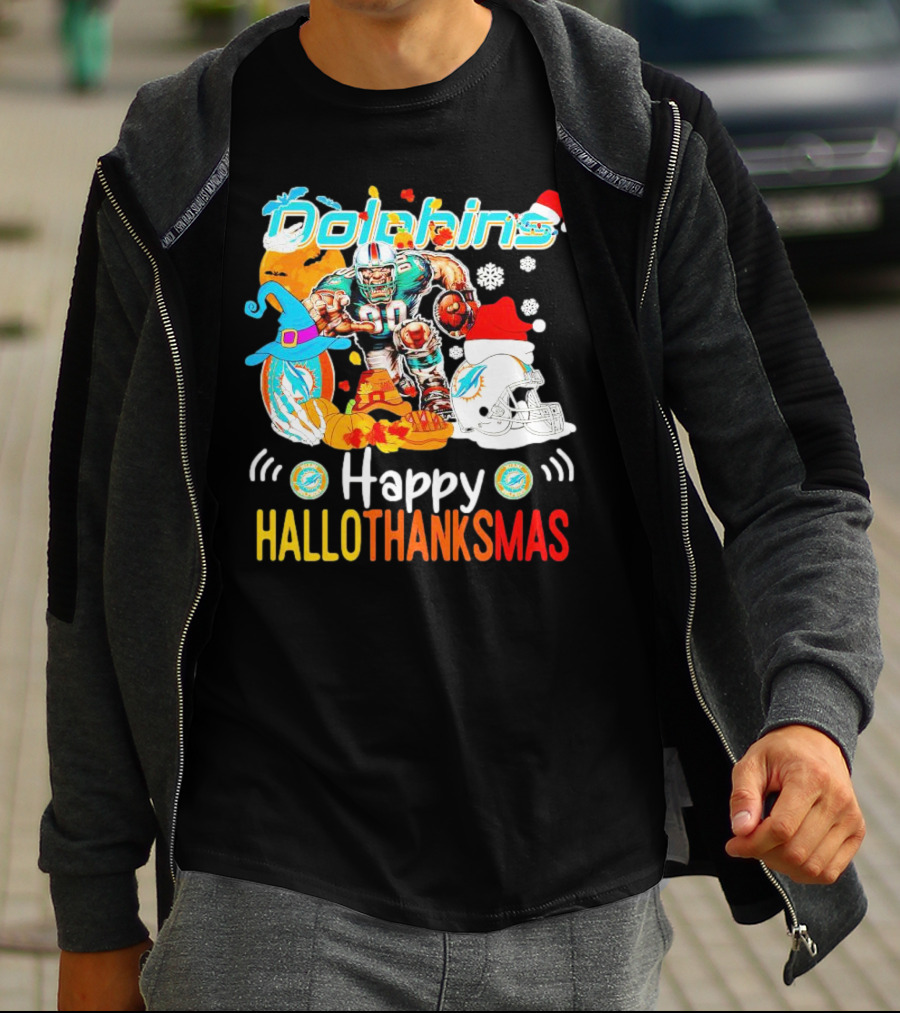 Miami Dolphins Mascot Happy Hallothanksmas Football Festive T-Shirt