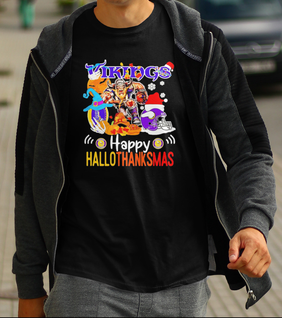 Vikings Mascot Happy Hallothanksmas Festive Football T-Shirt