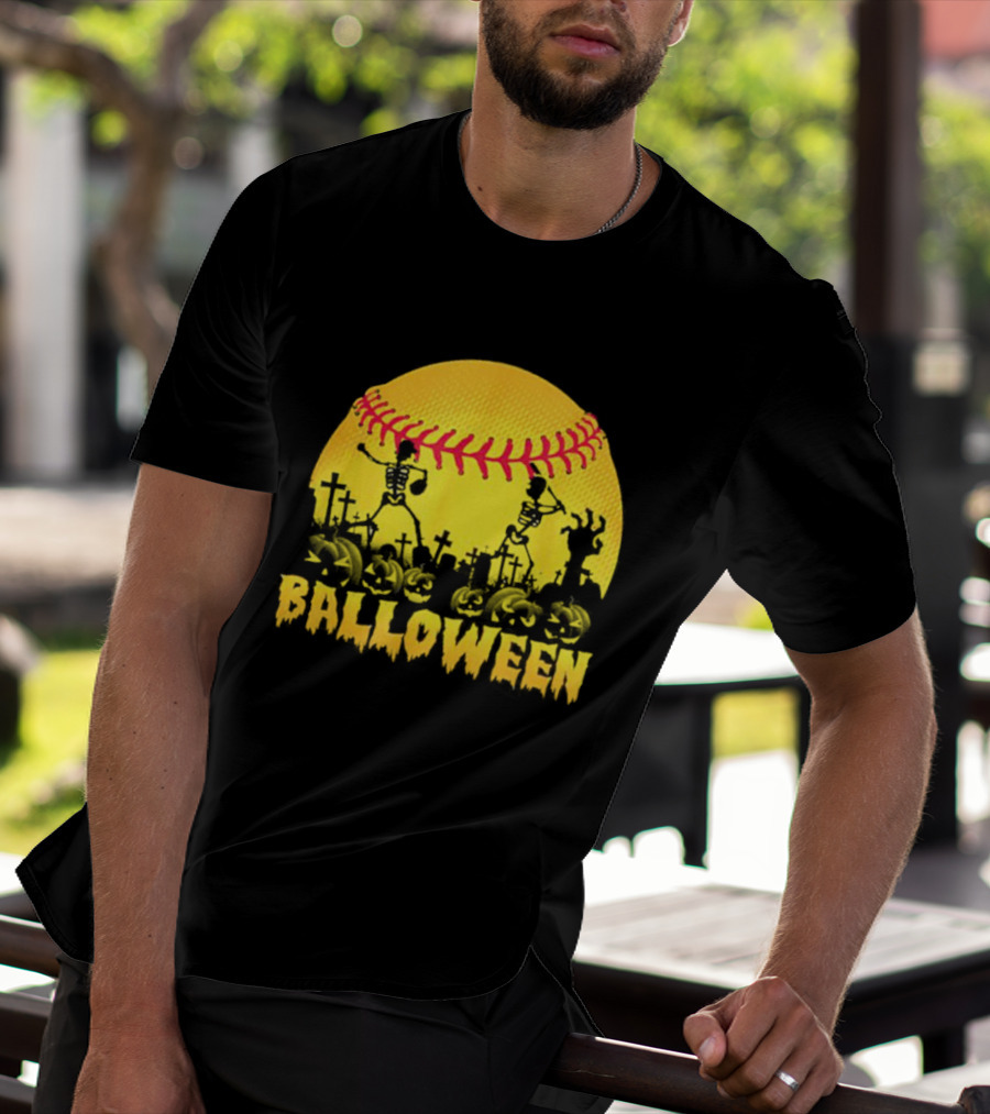 Balloween Softball Halloween Pumpkin Skeletons Graveyard T-Shirt