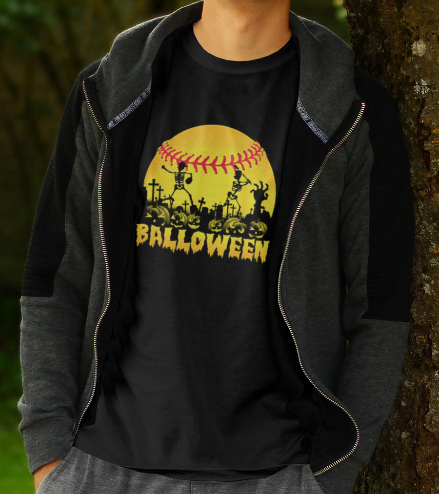 Balloween Softball Halloween Pumpkin Skeletons Graveyard T-Shirt
