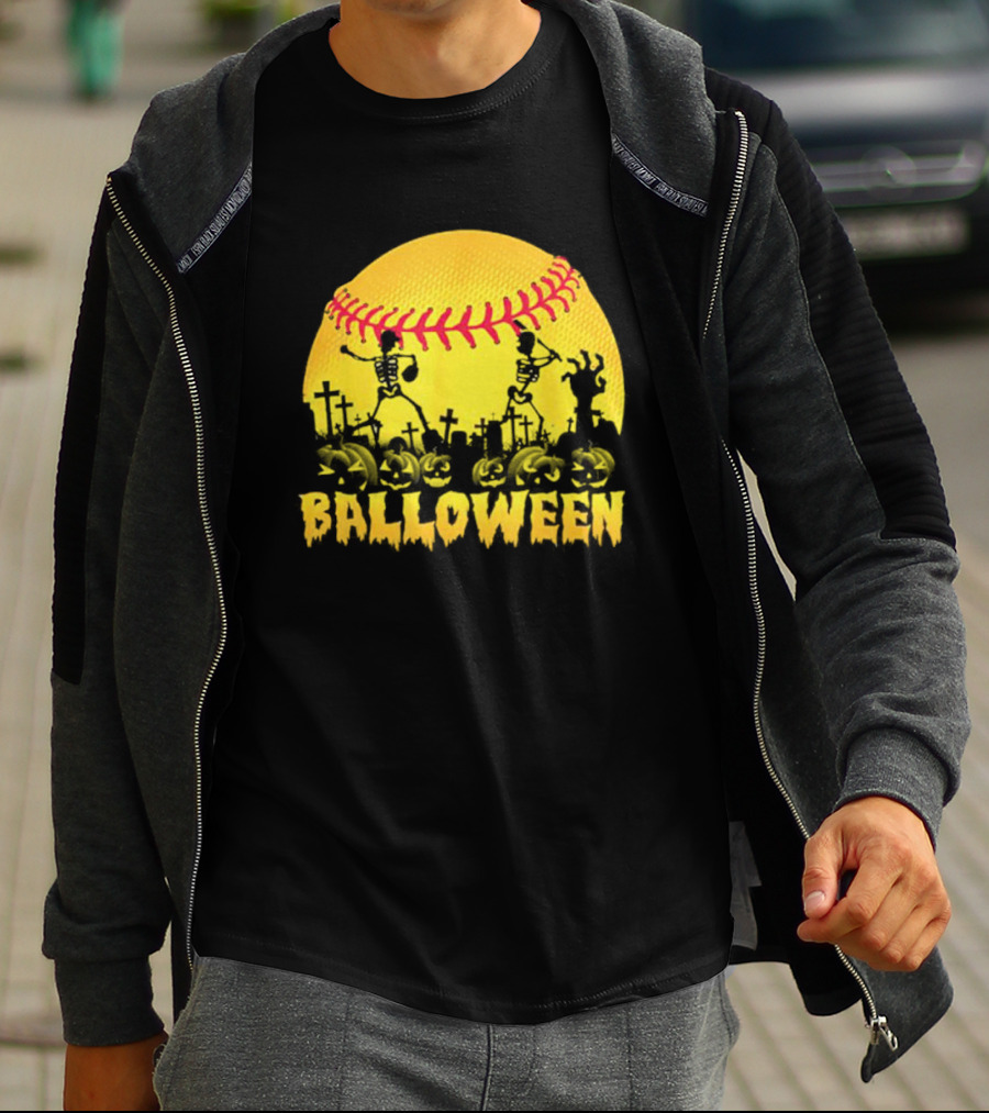 Balloween Softball Halloween Pumpkin Skeletons Graveyard T-Shirt
