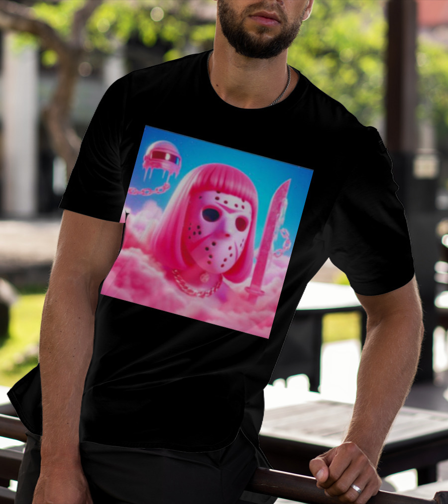 Pink Friday The 13th Jason Hockey Mask And Knife In Pink Clouds T-Shirt