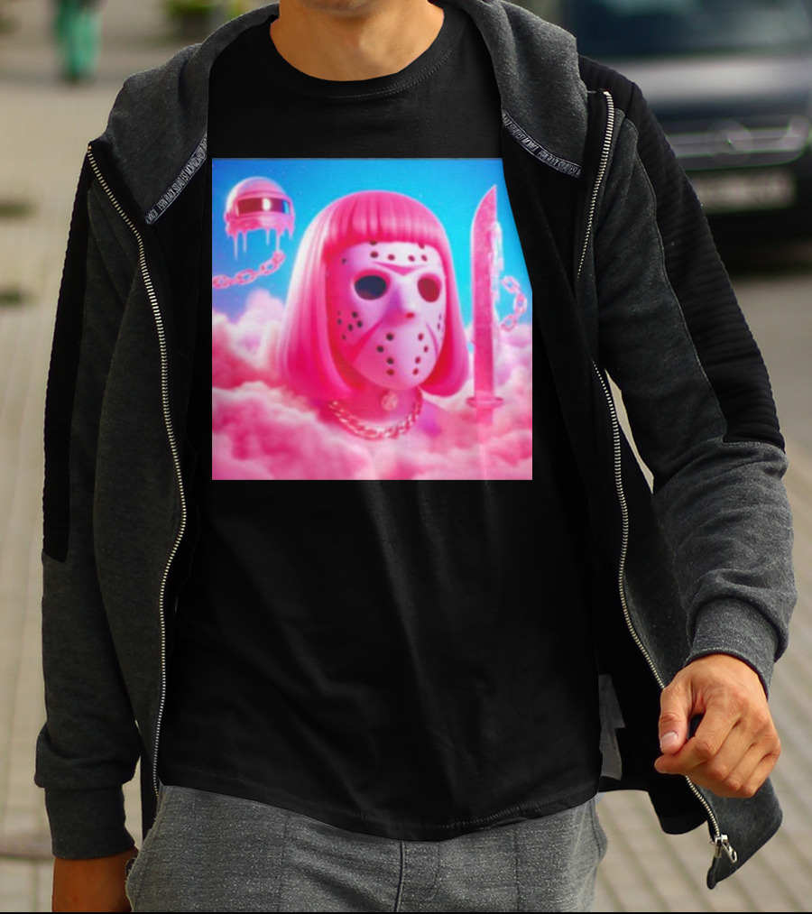 Pink Friday The 13th Jason Hockey Mask And Knife In Pink Clouds T-Shirt