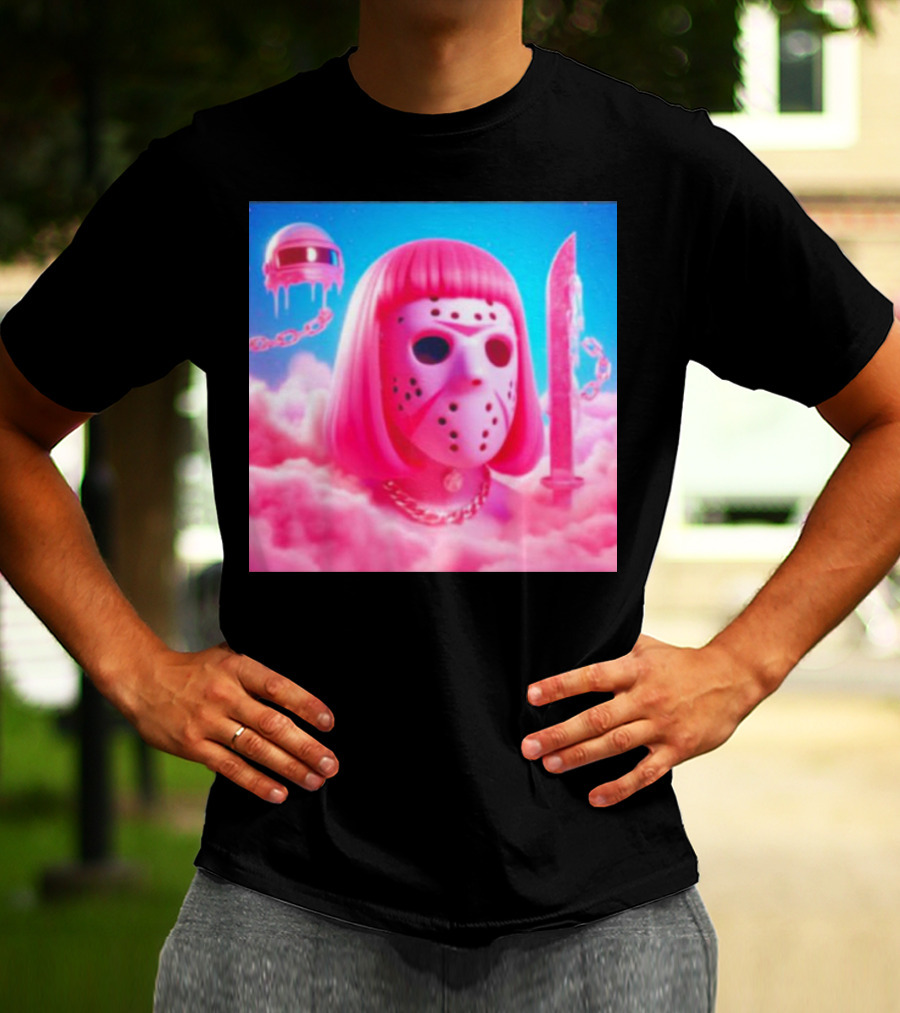 Pink Friday The 13th Jason Hockey Mask And Knife In Pink Clouds T-Shirt