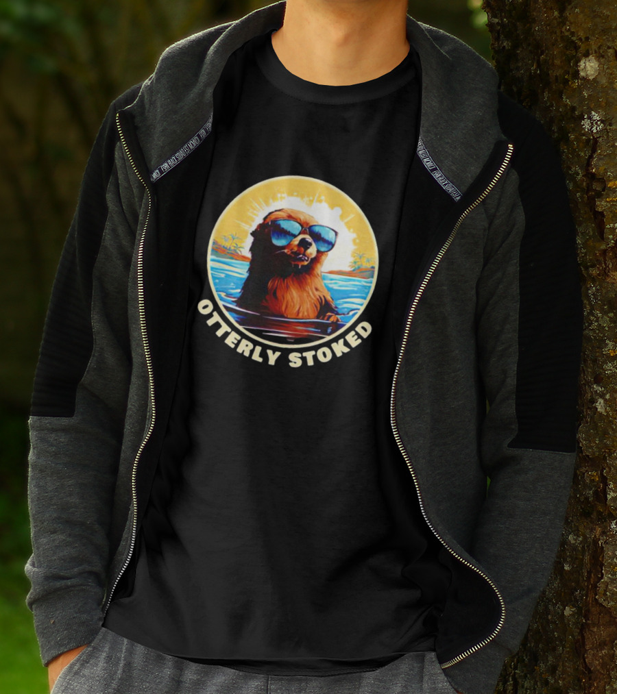 Otterly Stoked Sunglasses Otter With Tropical Ocean Background T-Shirt