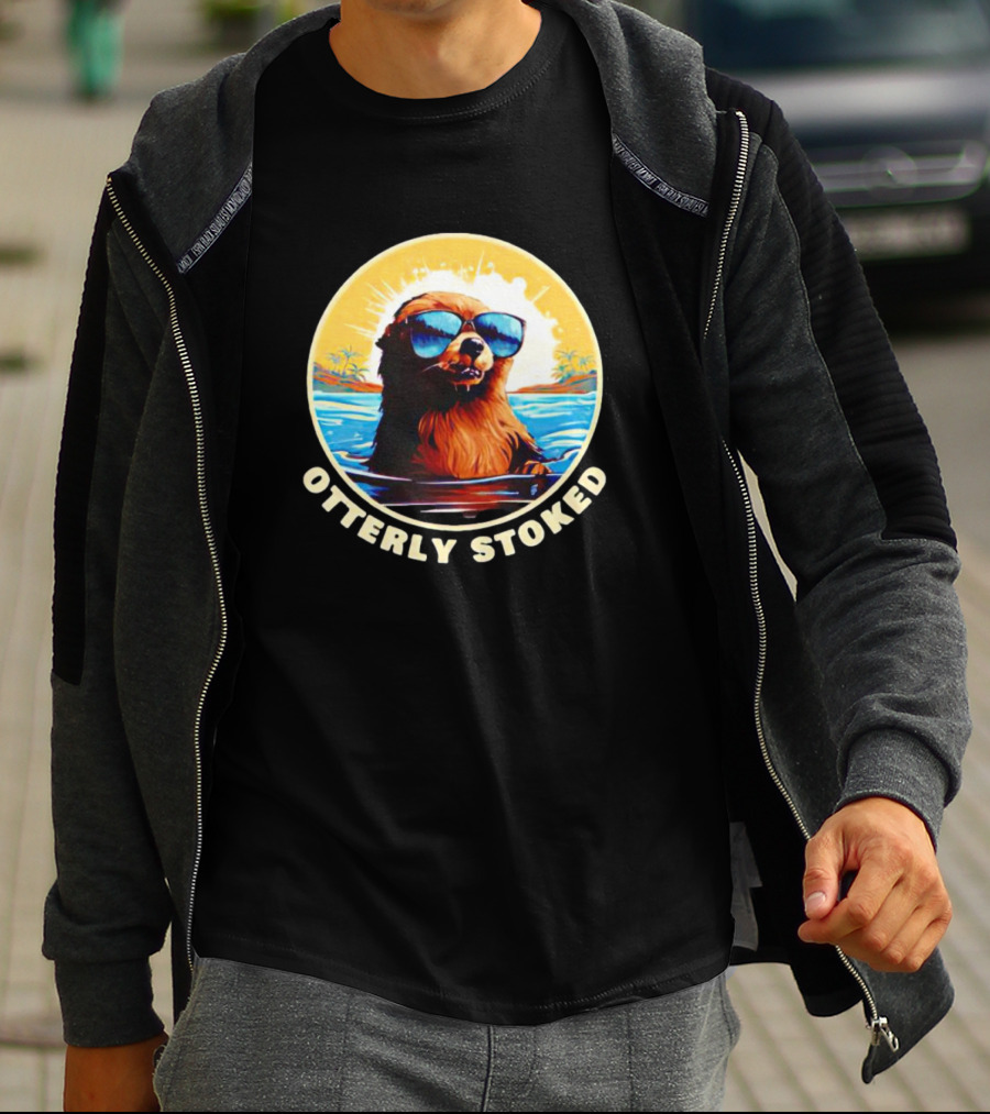 Otterly Stoked Sunglasses Otter With Tropical Ocean Background T-Shirt
