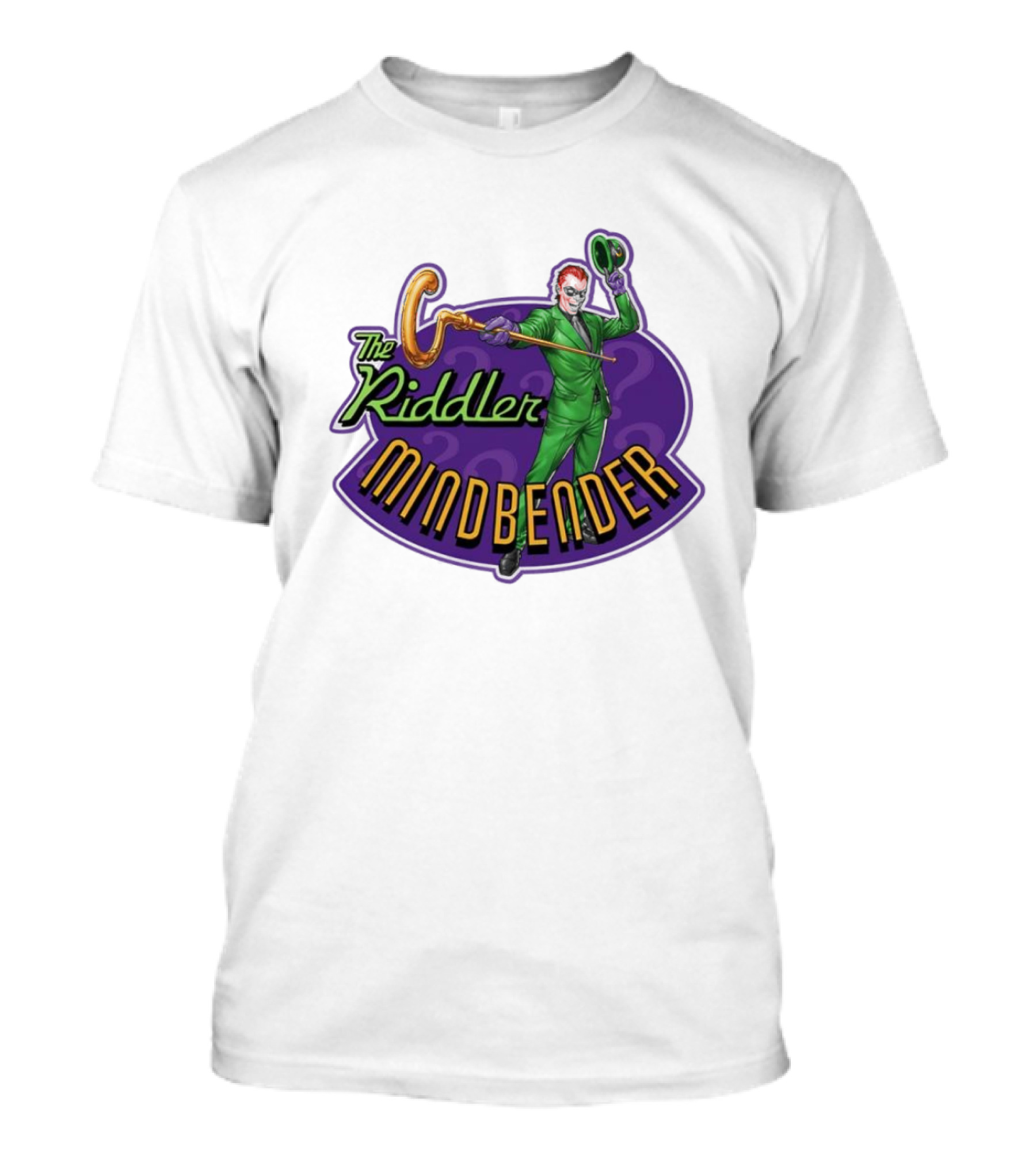 The Riddler Mindbender Green Suit Cane Iconic Purple Backdrop T-Shirt