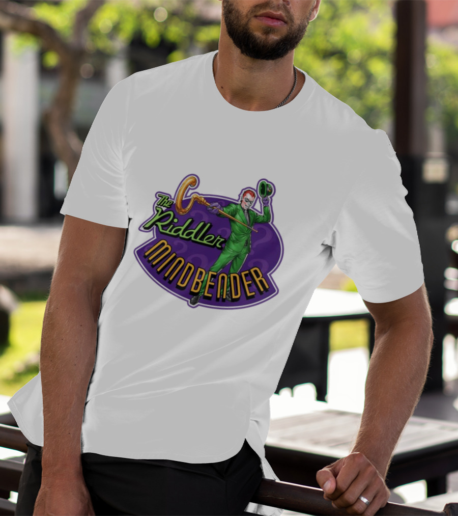 The Riddler Mindbender Green Suit Cane Iconic Purple Backdrop T-Shirt
