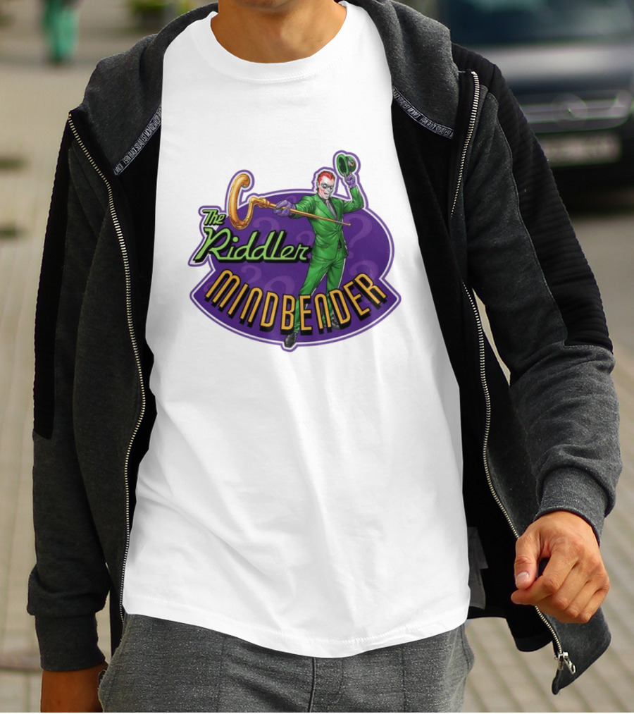 The Riddler Mindbender Green Suit Cane Iconic Purple Backdrop T-Shirt