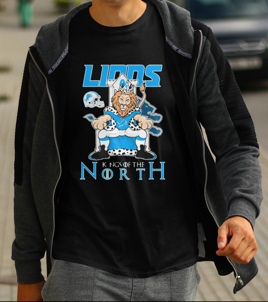 Detroit Lions Kings Of The North Mascot Roaring On Throne With Helmet T-Shirt