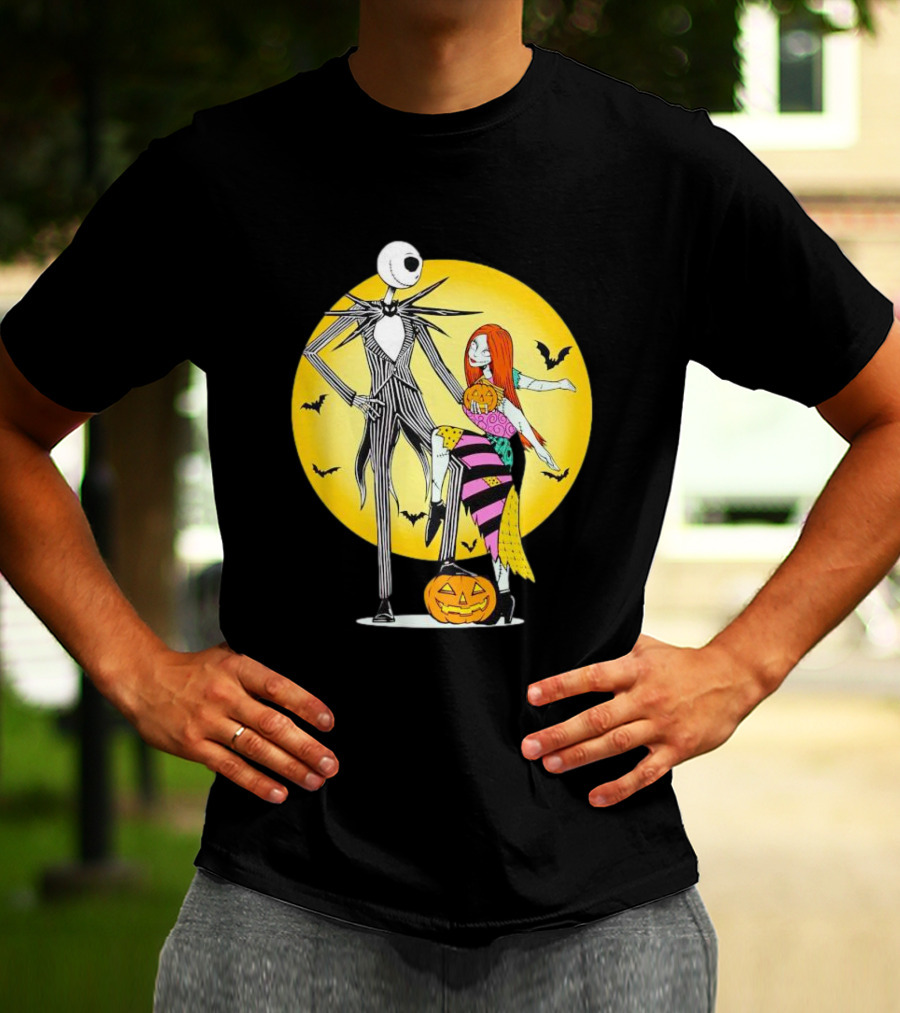 Jack And Sally Halloween Pumpkin Scene With Bats In The Nightmare Before Rumours T-Shirt