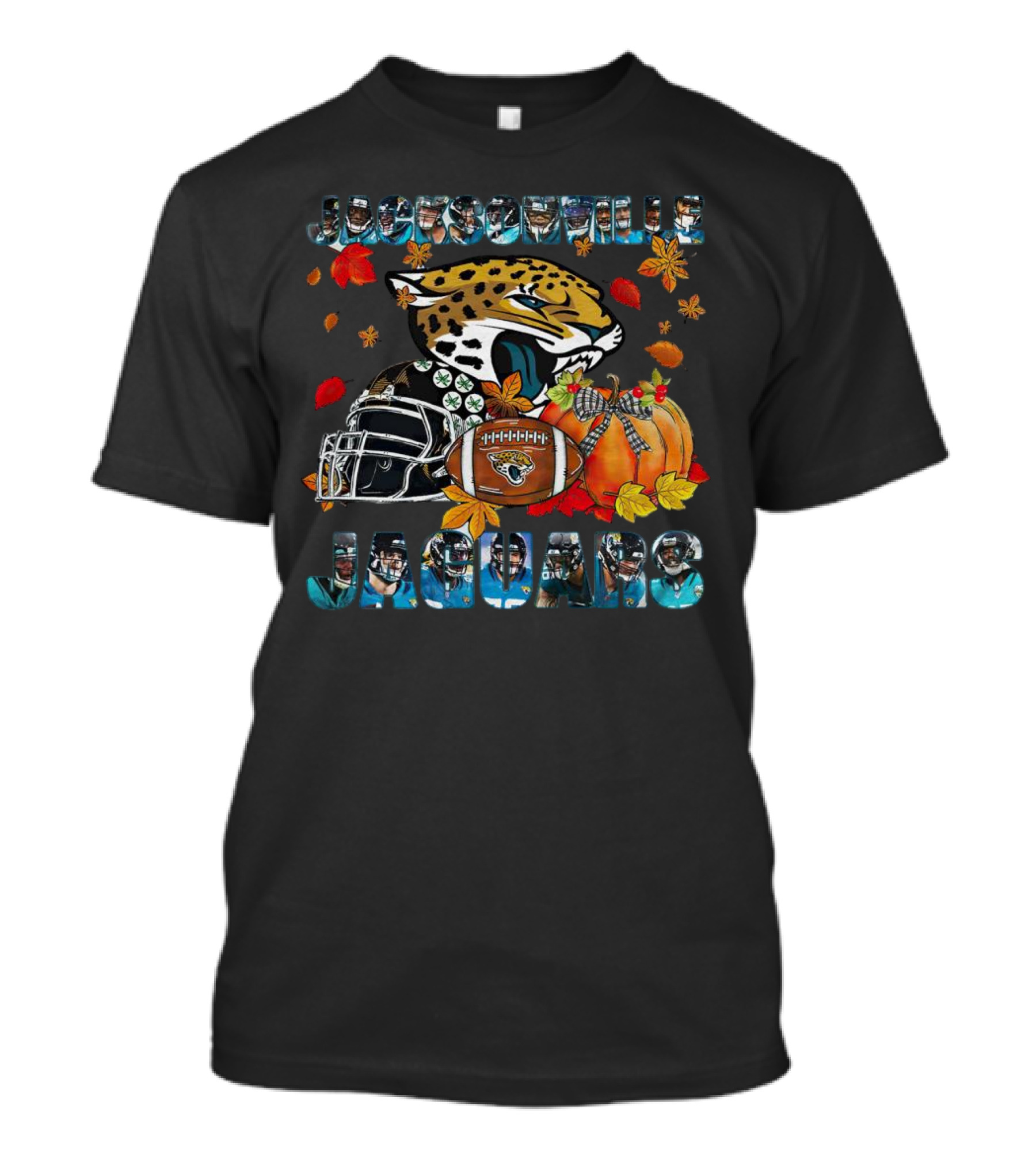 Jacksonville Jaguars Autumn Football Helmet And Pumpkin Leaves T-Shirt