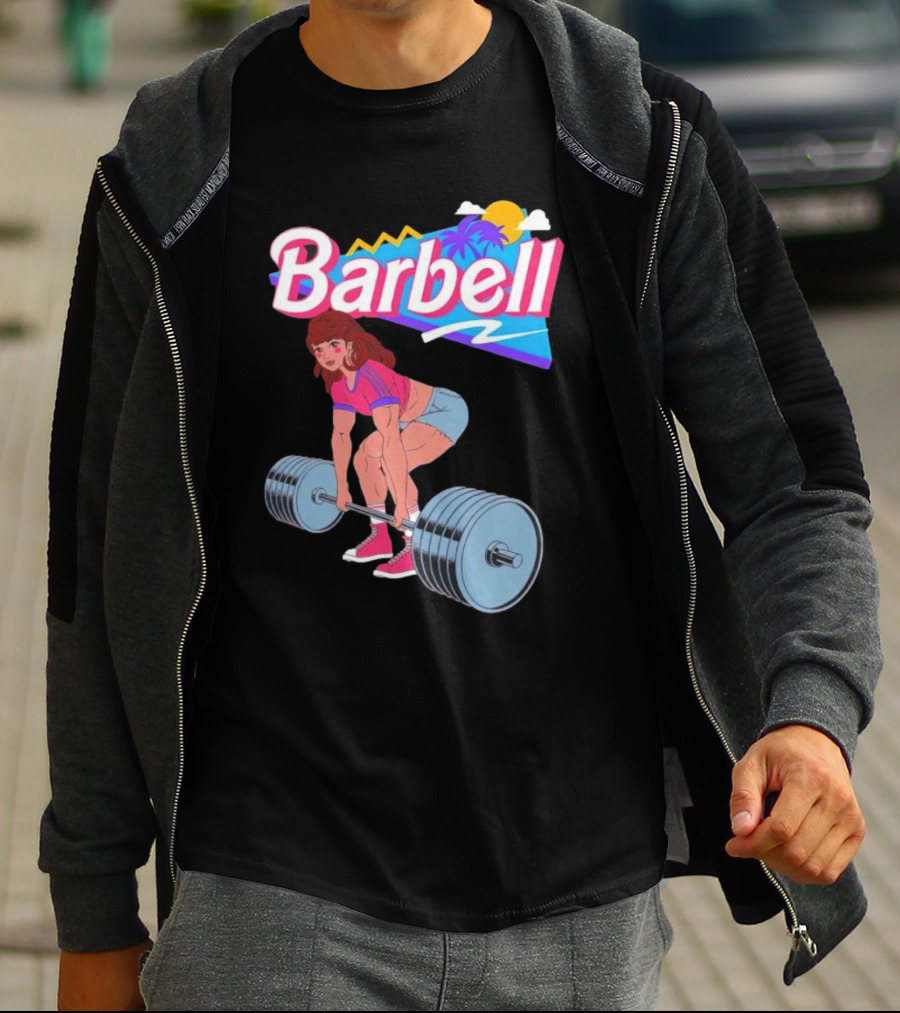 Barbell Brunette Retro Workout With Tropical Sunset And 80s Vibes T-Shirt