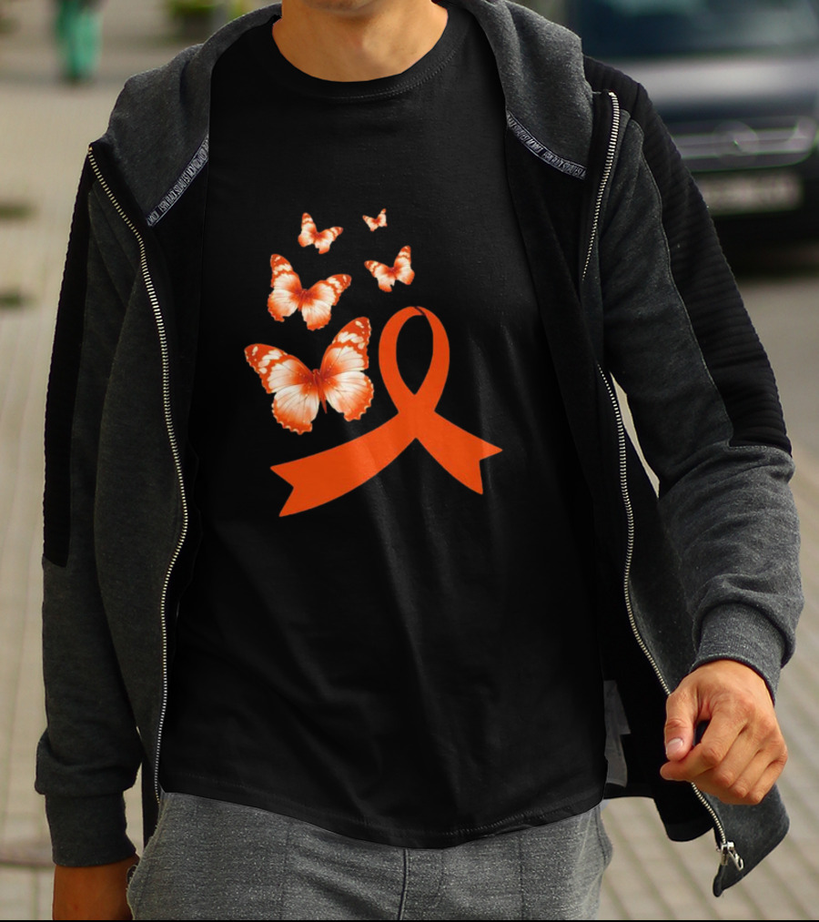 Orange Awareness Ribbon With Butterflies World Hunger Day Symbolization T-Shirt