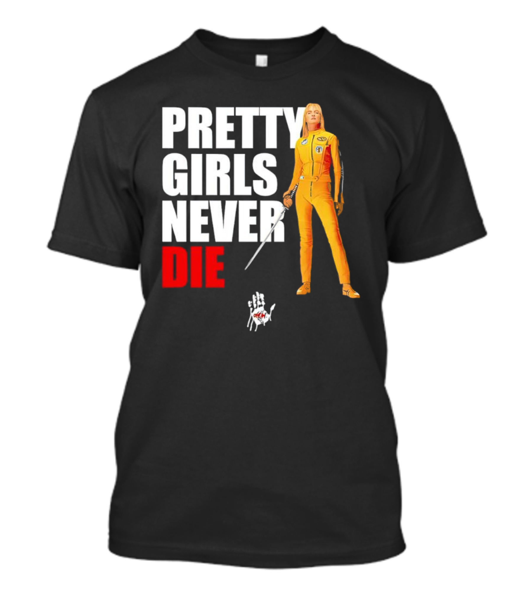 Pretty Girls Never Die Uma Yellow Jumpsuit Sword T-Shirt