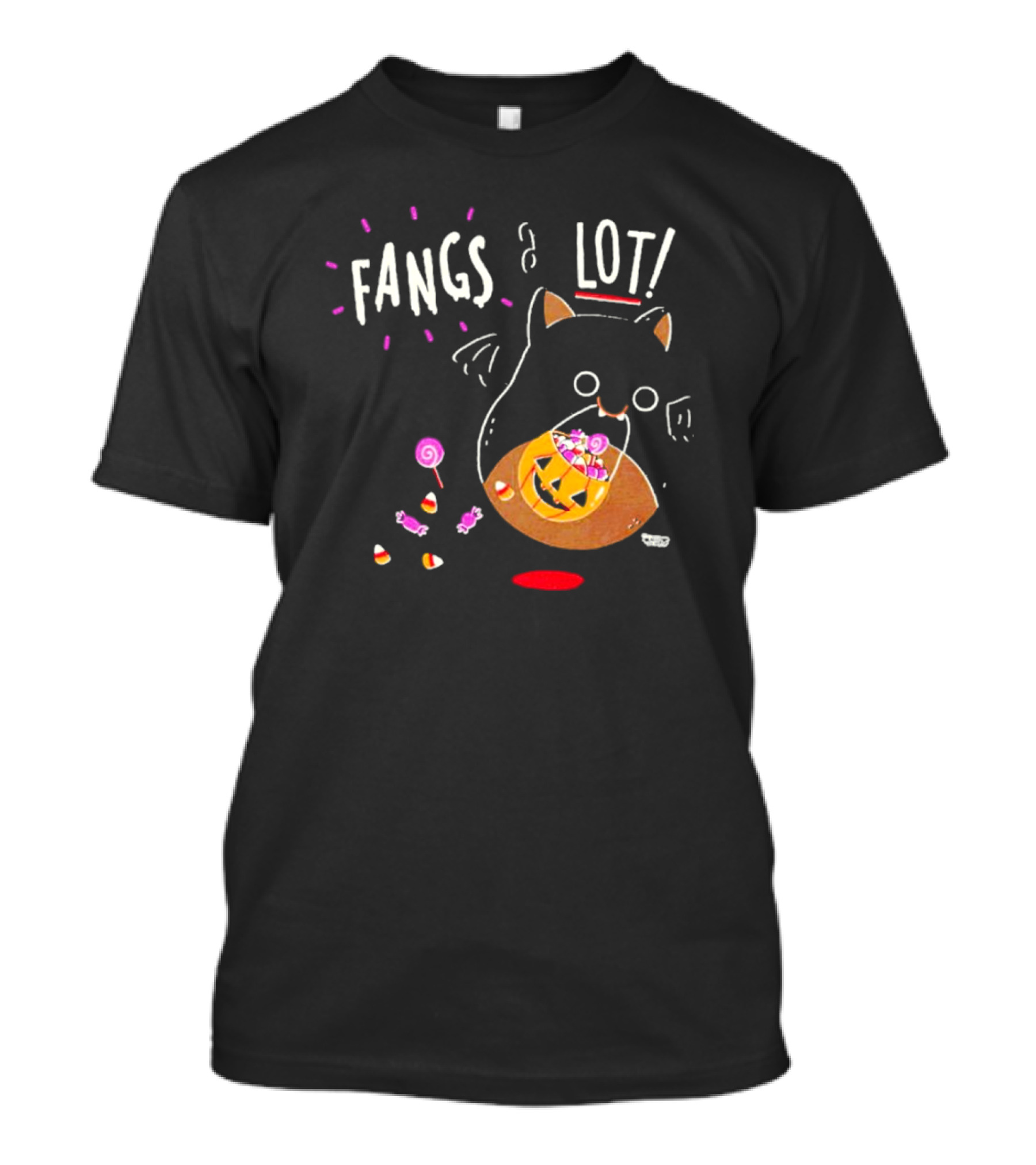 Fangs A Lot Cat With Halloween Candy And Jack-O'-Lantern T-Shirt