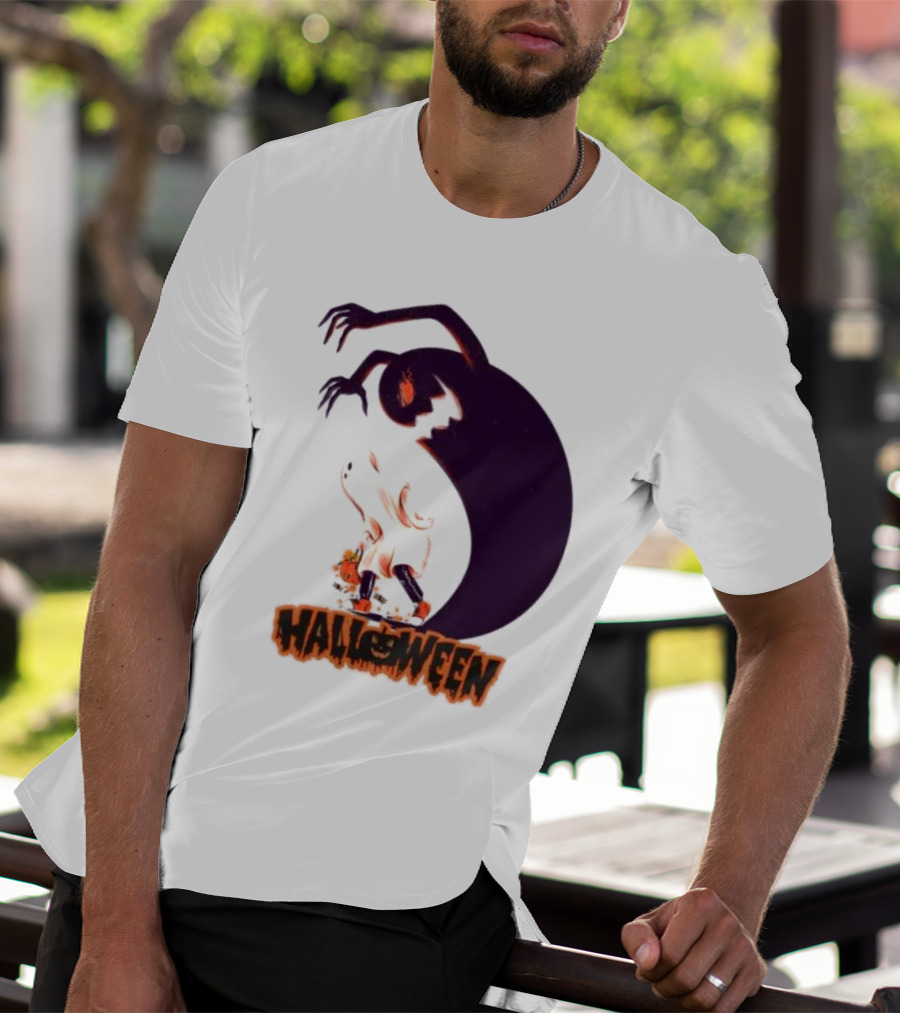 Happy Halloween Spooky Shadow Ghost With Pumpkin T-Shirt