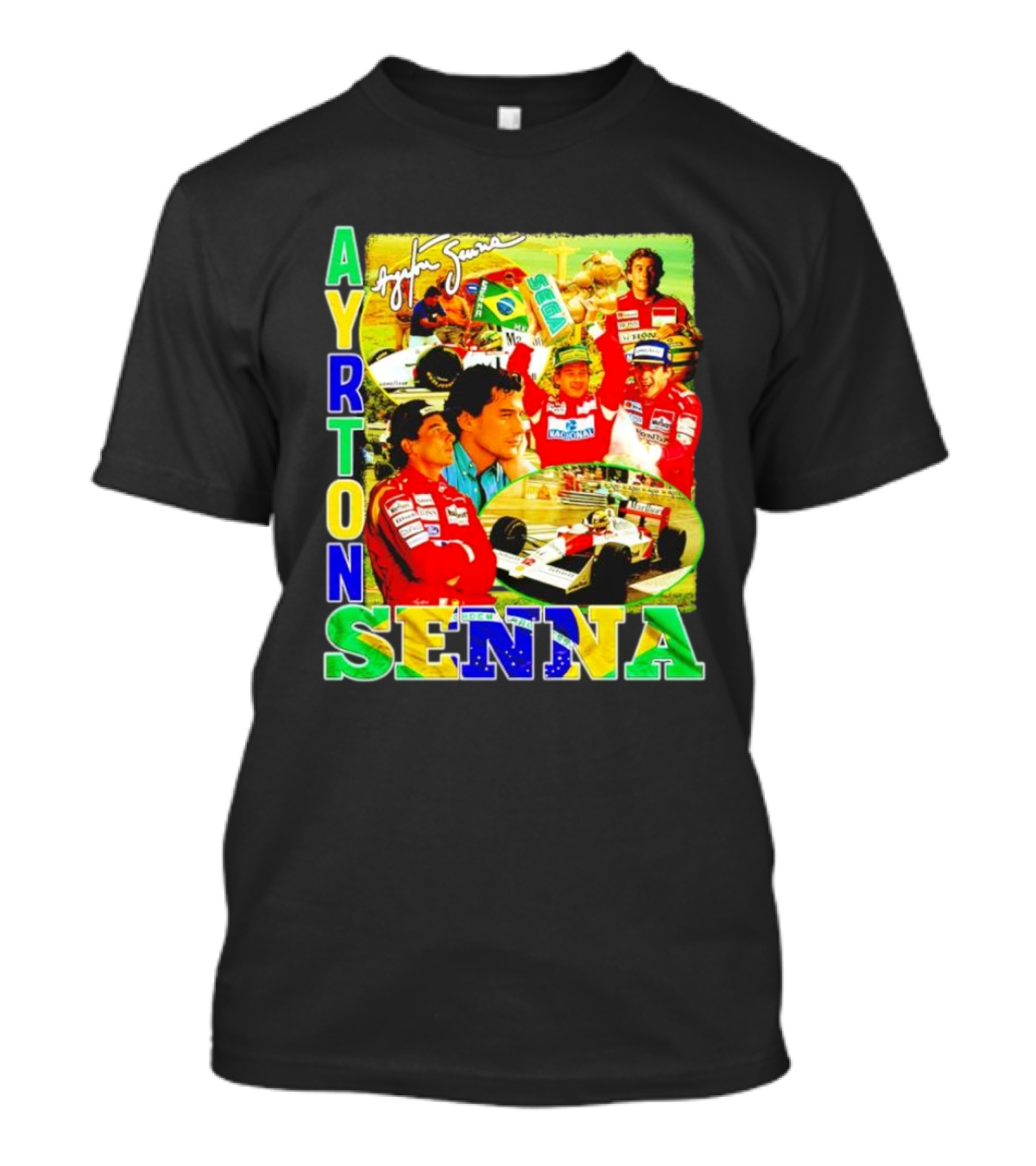 Ayrton Senna Signature Celebration Collage With Brazilian Flag Colors T-Shirt